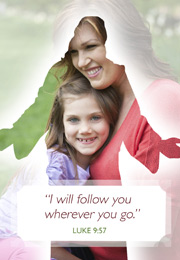 Church Newsletter Bulletin Cover photo with mother and daughter inside outline of Jesus and caption I will follow you wherever you go