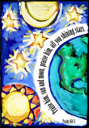 Church Newsletter Bulletin Cover illustration of Earth, sun, moon and stars and caption Praise him, sun and moon, praise him all you shining stars