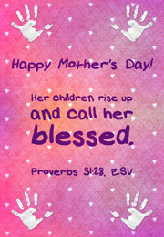 Church Newsletter Bulletin Cover with hand prints and stars and caption Happy Mother's Day! Her children rise up and call her blessed