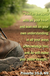 Church Newsletter Bulletin Cover photo with boot on hiking trail and caption Trust in the LORD and he will make your paths straight