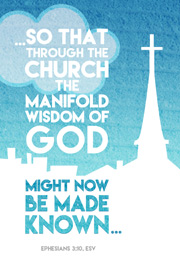Church Newsletter Bulletin Cover with church steeple and cloud and caption So that through the church the manifold wisdom of God might now be known