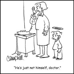 Church Newsletter Cartoon with mother on phone and boy with a halo and caption He's just not himself, doctor.