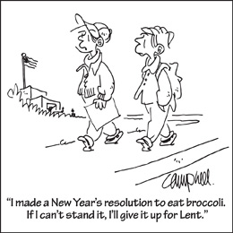Church Newsletter Cartoon with boys walking and caption I made a New Year's resolution to eat broccoli. If I can stand it I'll give it up for Lent.