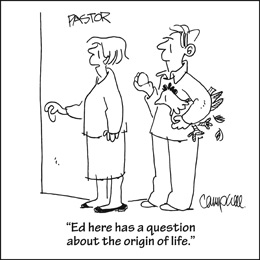 Church Newsletter Cartoon secretary and a man holding a chicken with caption Ed here has a question about the origin of life.