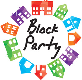 Church Newsletter Clipart with block party caption with houses in a circle