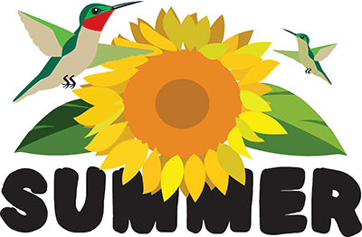 Color illustration image of birds on a sunflower with the caption Summer.