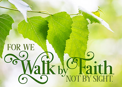Color photo image of a vine with the caption For we walk by faith
